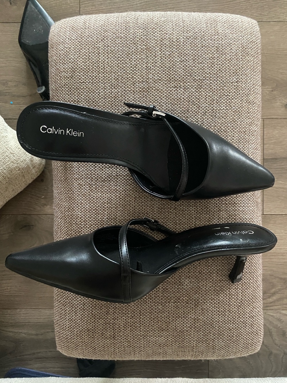 Calvin Klein Black Pointed Toe Mule Pumps with Strap